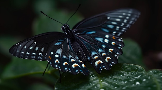 Una mariposa azul se sienta en una hoja con la palabra mariposa.