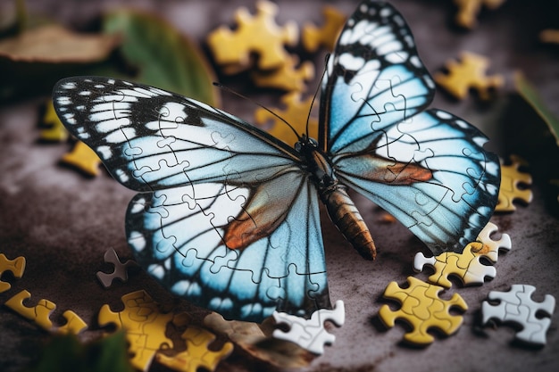 Una mariposa azul se sienta en una pieza de rompecabezas con la palabra mariposa.