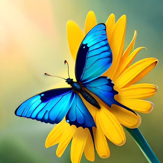 Una mariposa azul sobre una flor amarilla con el sol detrás.