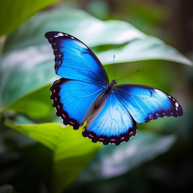 Una mariposa azul vuela frente a unas hojas verdes.