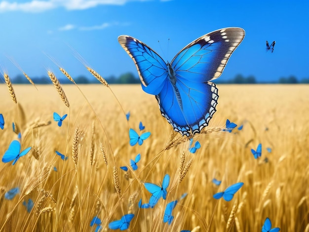 Una mariposa azul vuela sobre un campo de trigo generado por ai.