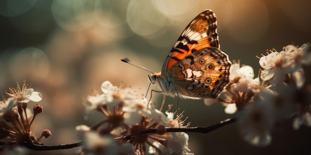 La mariposa bebiendo entre las flores de colores