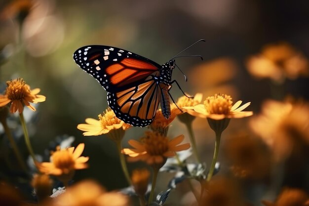 La mariposa bebiendo entre las flores de colores