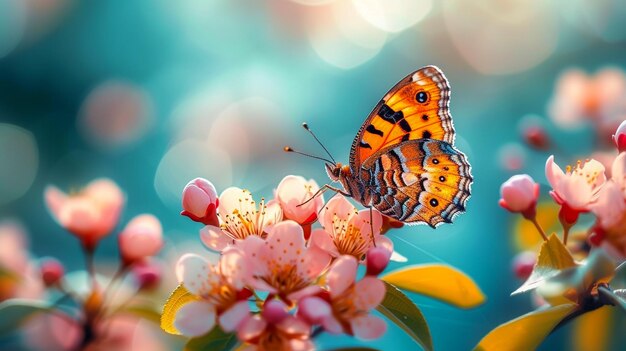 La mariposa de la belleza con la flor de cerezo rosa la flor de sakura