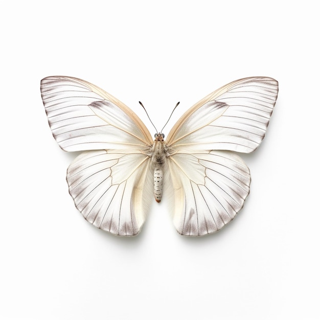 Una mariposa blanca con alas doradas y un cuerpo blanco está sobre un fondo blanco.