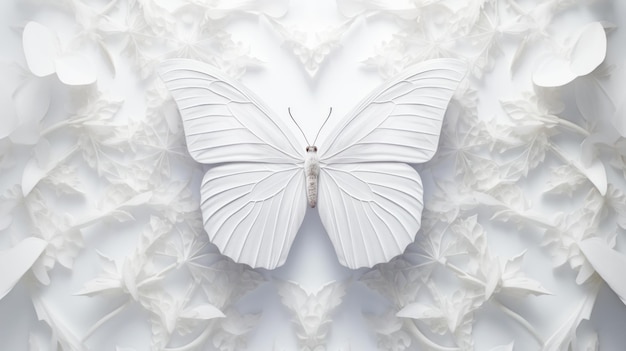 Mariposa blanca en patrón de diseño blanco fondo generativo de IA