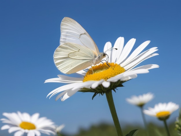 Una mariposa blanca posada en una sola margarita blanca contra un cielo azul claro