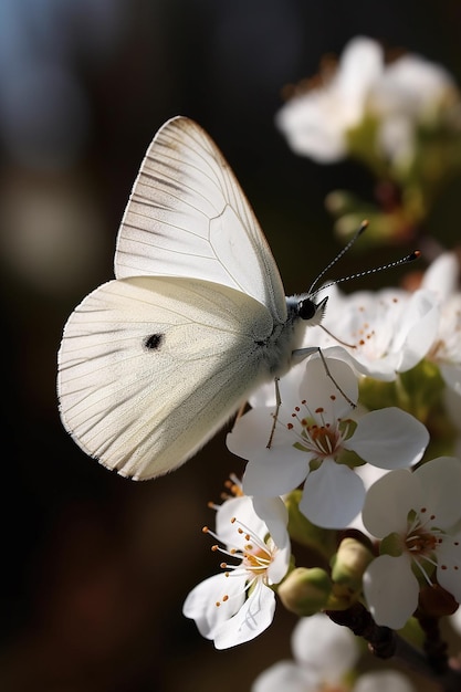 Una mariposa blanca se sienta en una rama de una flor de cerezo.