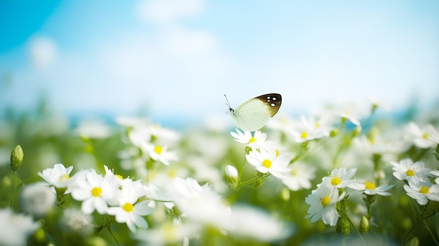 Una mariposa blanca se sienta sobre una flor en un campo de flores blancas.