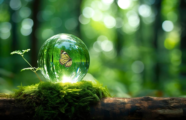 Mariposa y bola de cristal en un tronco de árbol en el bosque fondo verde natural IA generativa