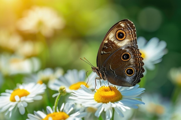 Foto mariposa braun con alas cerradas sobre una flor blanca foto de alta calidad enfoque selectivo
