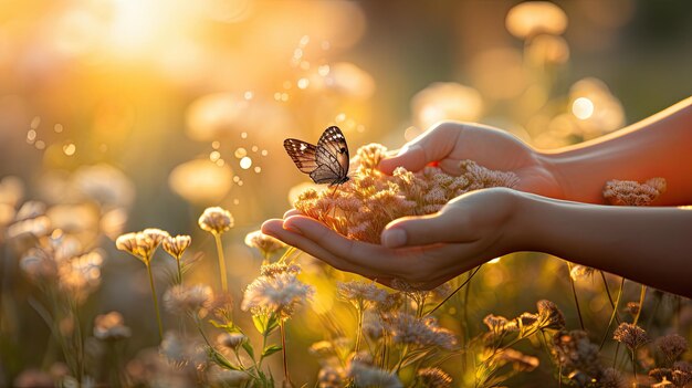 Una mariposa en los brazos de un niño con flores silvestres