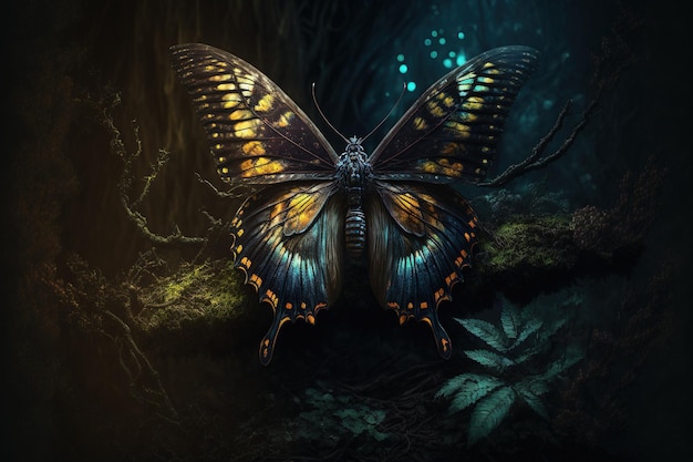 mariposa brillante en el bosque oscuro