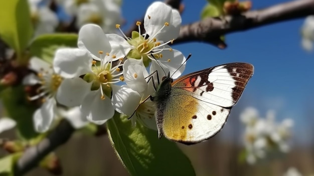 Una mariposa brillante en las flores blancas de un peral floreciente Follaje verde joven Día soleado de primavera en el jardín