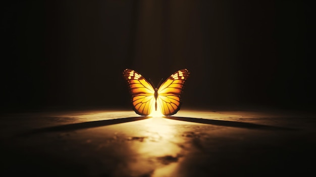 Una mariposa brillante en una habitación oscura con la luz brillando por detrás
