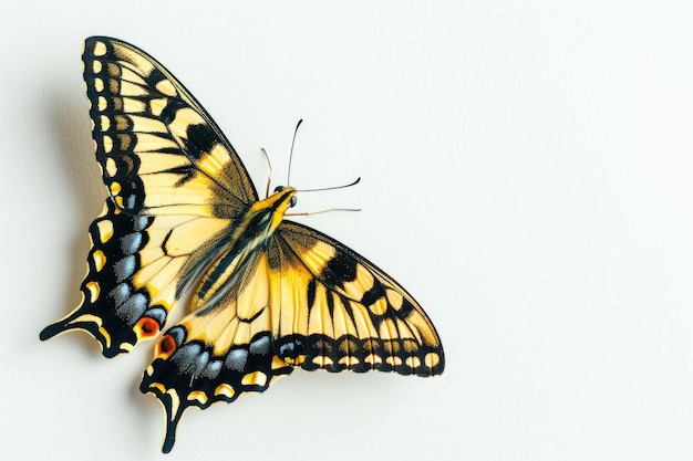 Mariposa cola de golondrina amarilla en una maqueta de espacio de copia naranja