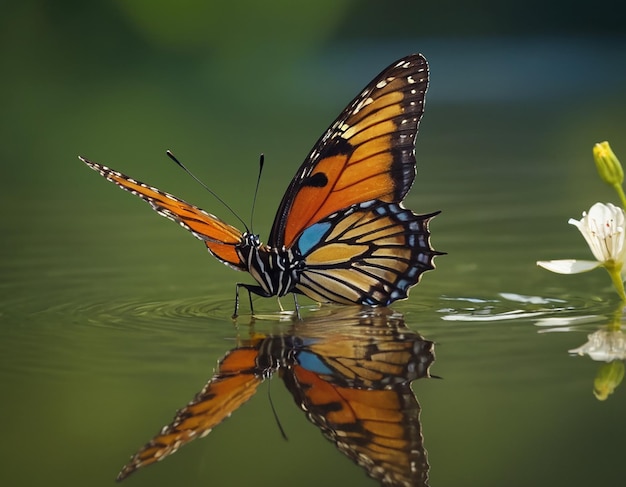 Mariposa cola de golondrina en la flor y el agua