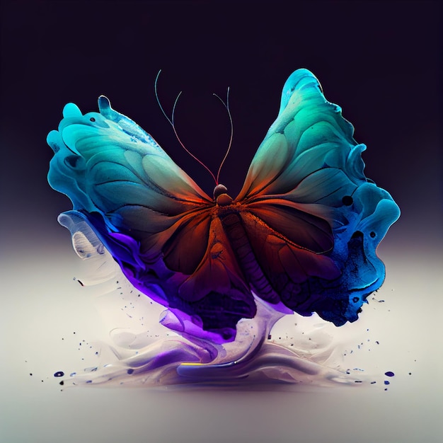 mariposa de colores brillantes con alas azules sobre una superficie blanca ai generativo