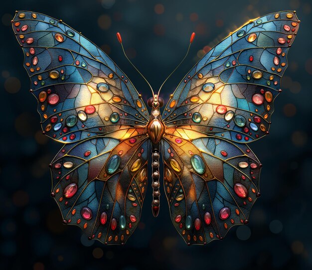 mariposa de colores brillantes con alas brillantes en un fondo oscuro