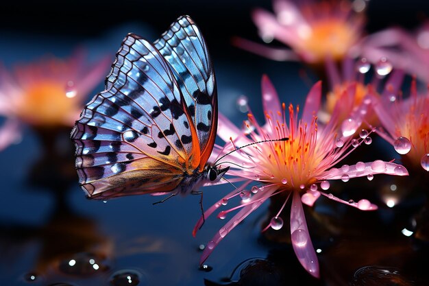 Mariposa de colores brillantes en una flor con flores azules y rosadas