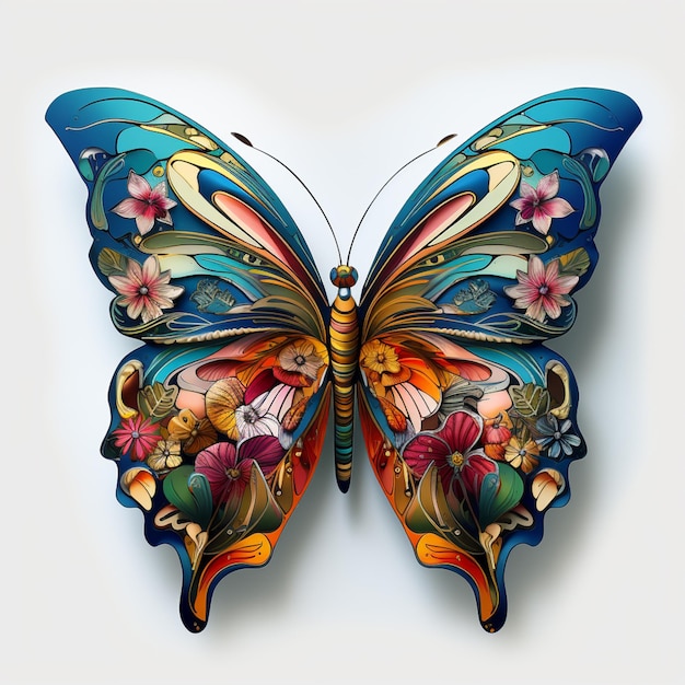 mariposa de colores brillantes con flores y mariposas en las alas generativo ai