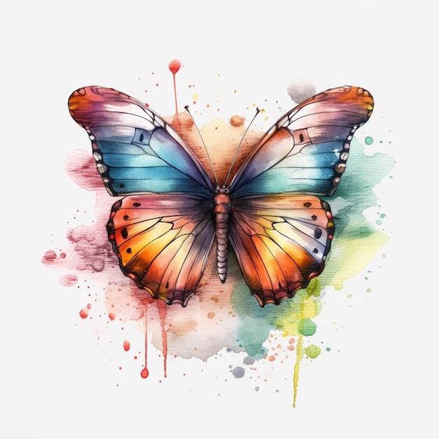 Mariposa de colores brillantes con toques de acuarela sobre fondo blanco ai generativo