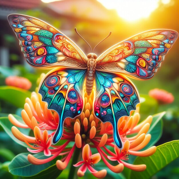 Una mariposa colorida y delicada descansando en una flor en un prado soleado