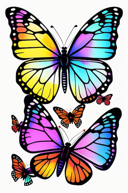 Una mariposa colorida está sobre un fondo blanco.