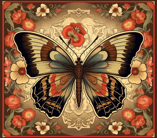 una mariposa colorida con flores y una mariposa en la espalda.