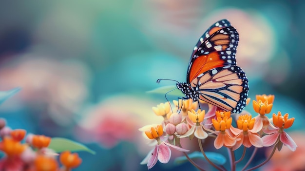 Mariposa colorida en una hermosa flor en verano