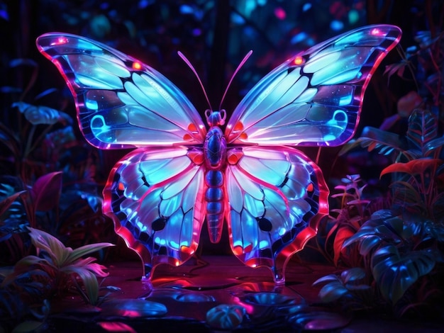 una mariposa colorida con luces y un fondo púrpura