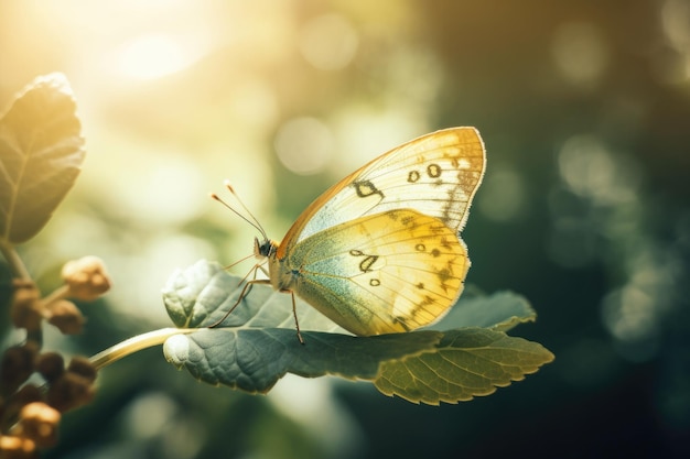 Mariposa colorida posada en una hoja verde vibrante IA generativa