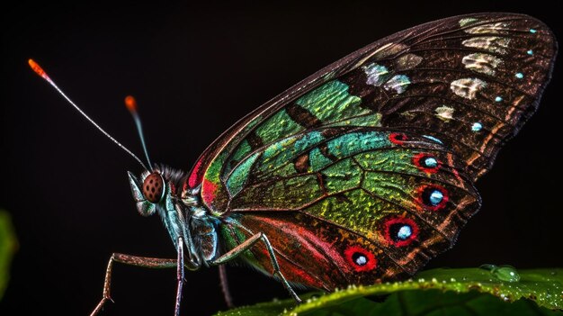 Foto una mariposa colorida se sienta en una hoja verde.