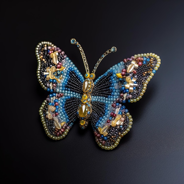 una mariposa con un cuerpo azul y rojo y cuentas