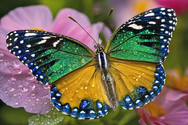 Mariposa delicada con alas vibrantes sobre una flor colorida Ai generativa