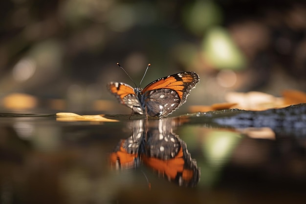 Una mariposa descansa sobre un charco de agua en el bosque.