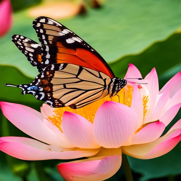 Mariposa descansando sobre una flor de loto