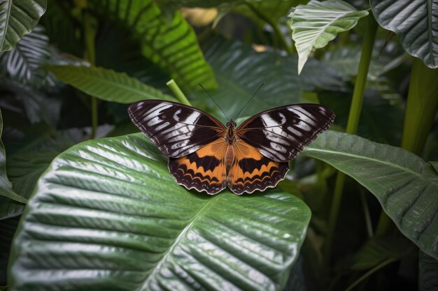 Mariposa descansando sobre una hoja rodeada de flores florecientes creadas con ai generativo