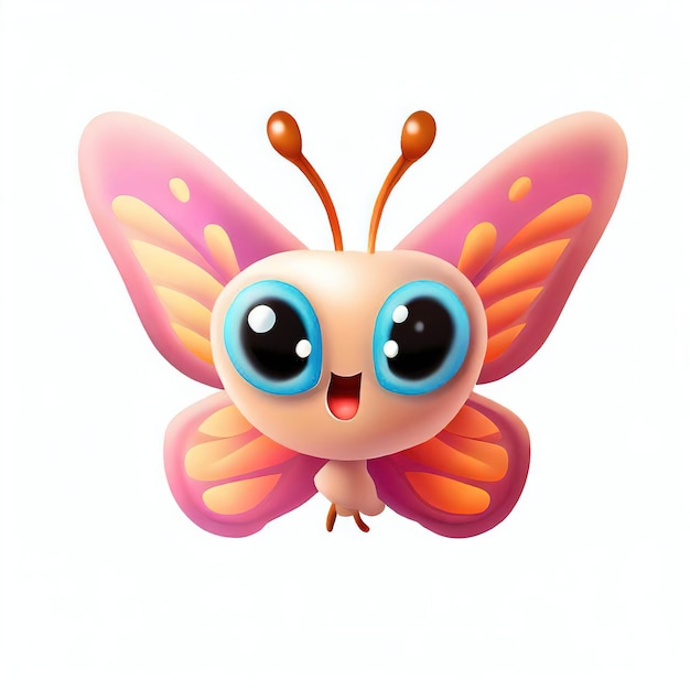 Una mariposa de dibujos animados con ojos azules y una mariposa rosa con un fondo rosa.