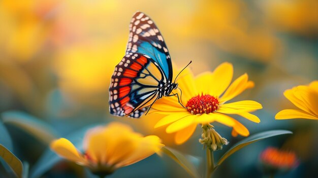 una mariposa está en una flor amarilla con el fondo de la foto