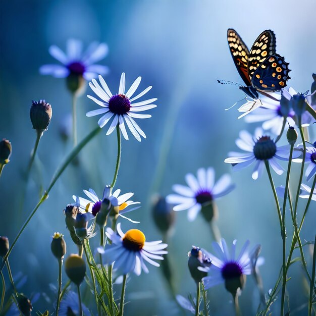 una mariposa está en una flor en la hierba