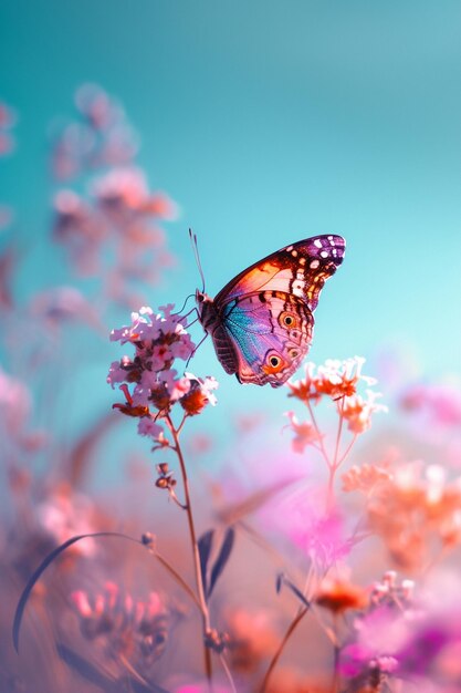 una mariposa está en una flor en la hierba