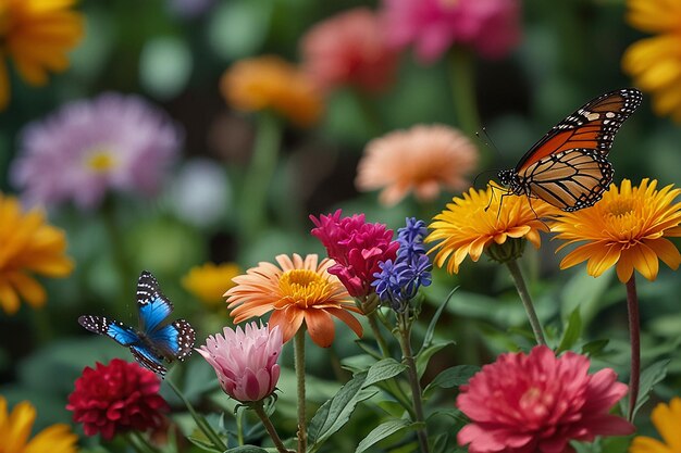 una mariposa está en una flor en un jardín con una mariposa