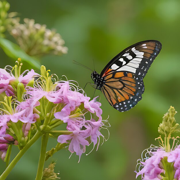 una mariposa está en una flor en el jardín