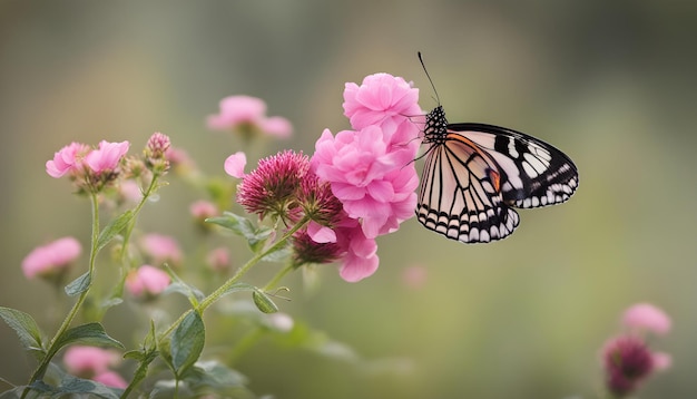 una mariposa está en una flor y la mariposa está volando lejos