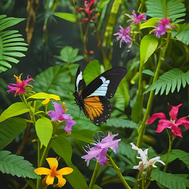 una mariposa está en una flor en la selva