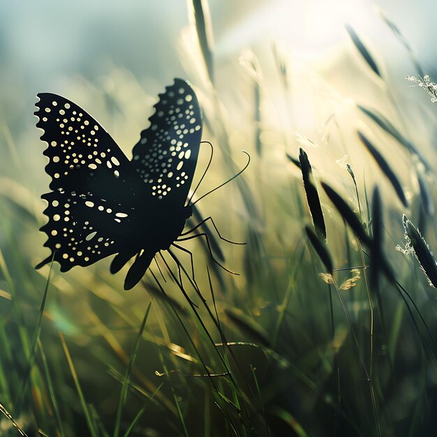 una mariposa está en la hierba con el sol detrás de ella