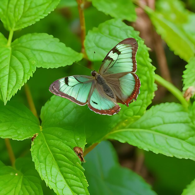 una mariposa está en una hoja verde con una mancha blanca en el lado de ella