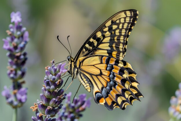 Una mariposa está posada en una flor púrpura