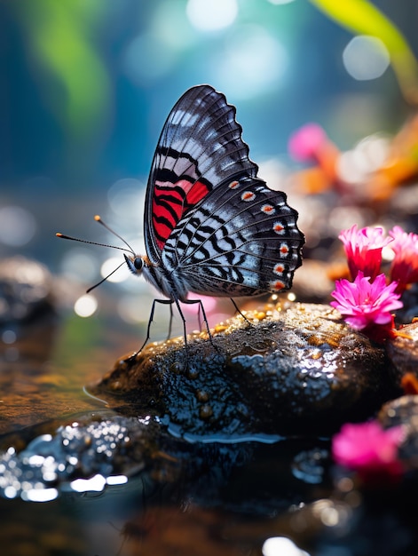 una mariposa está en una roca con flores en el fondo